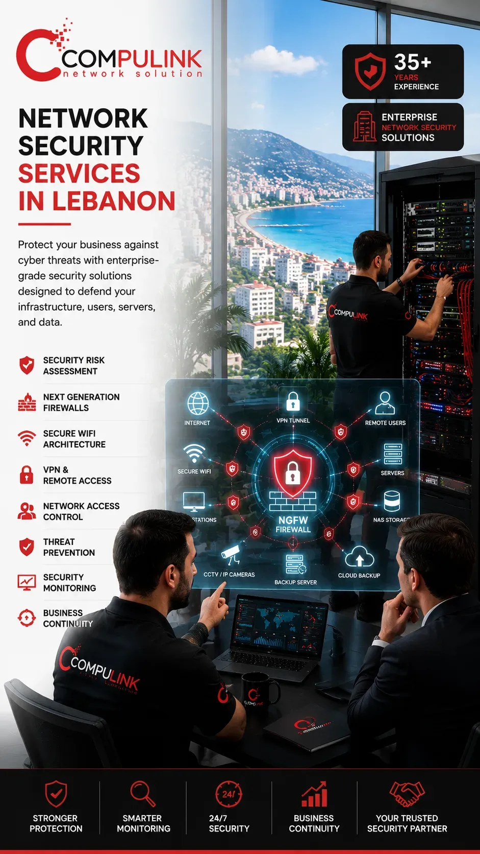 Hero image of Network Security Services in Lebanon by Compulink, featuring enterprise firewall protection, cybersecurity, secure WiFi, VPN solutions, network access control, server security, cyber threat prevention, business continuity, and advanced network infrastructure for corporate offices, healthcare, education, hospitality, retail, industrial, government, financial, and media businesses across Beirut, Jounieh, Keserwan, Matn, and Mount Lebanon.