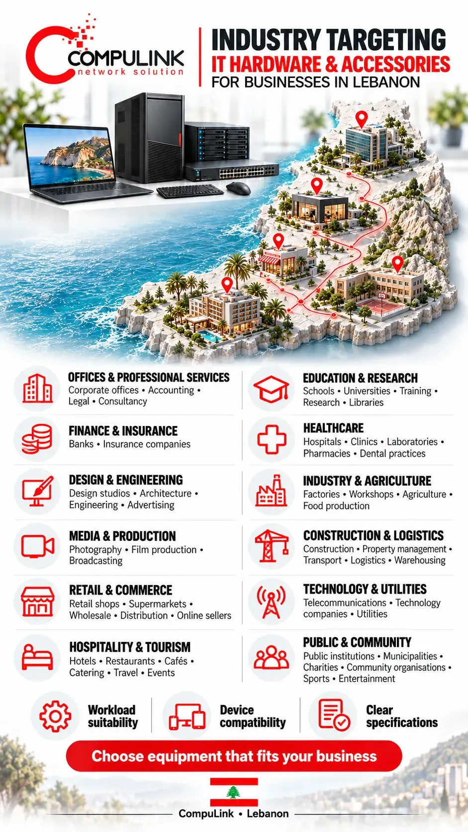 CompuLink industry targeting infographic with a Lebanon map, IT equipment and categories covering homes, offices, healthcare, education, retail, hospitality and other business sectors.