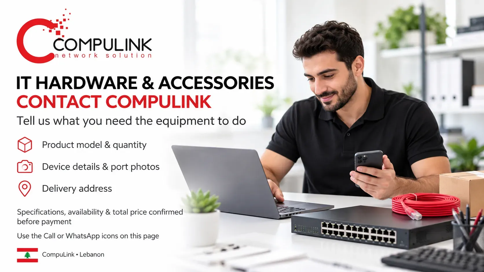 CompuLink contact infographic showing a specialist using a laptop and phone beside network equipment, with instructions to send product details and a delivery address.