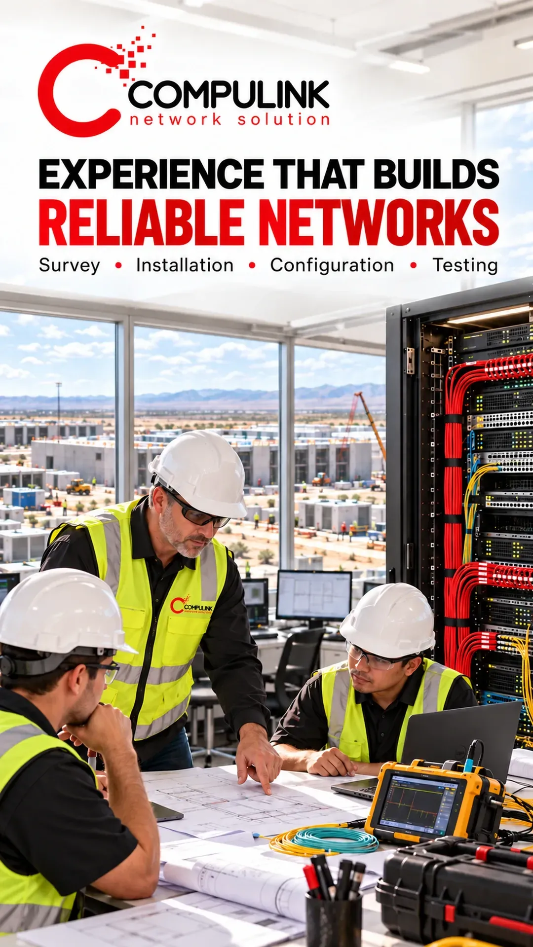 Compulink network infrastructure specialist reviewing construction drawings with site engineers beside a fiber network cabinet at a USA data center project.