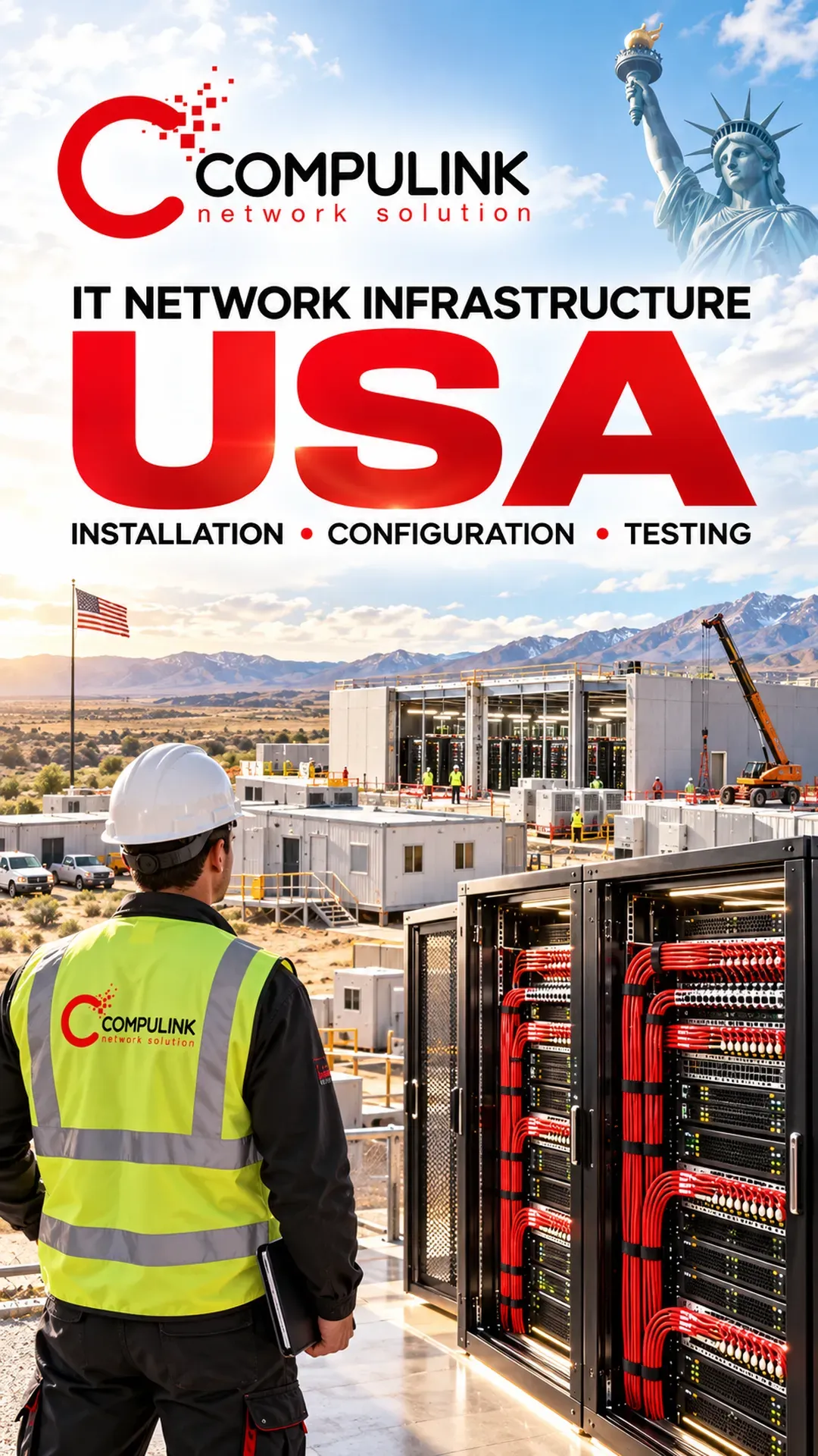 Compulink network infrastructure specialist overlooking a USA data center construction site with temporary site offices, fiber cabling and network cabinets.
