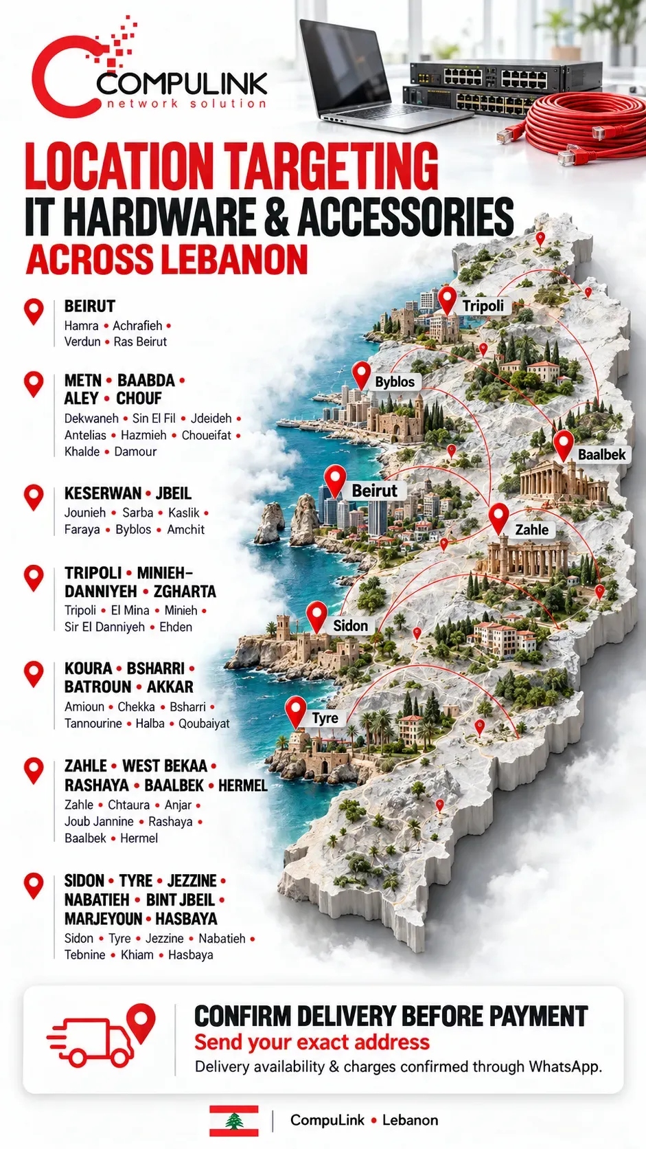 CompuLink location infographic showing a Lebanon map, district and town names, IT equipment and instructions to confirm delivery availability and charges through WhatsApp.