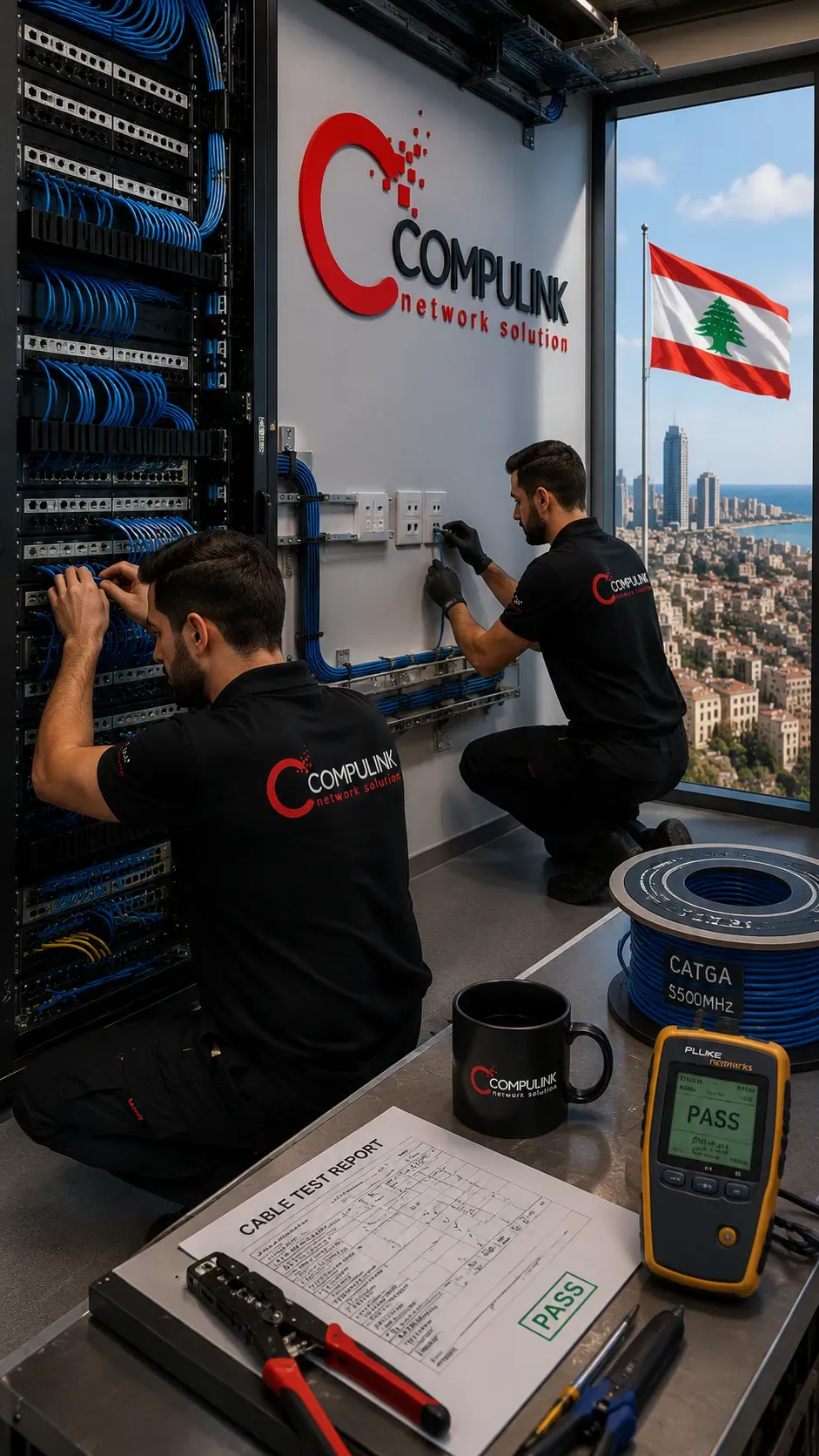Professional Network Cabling Services in Lebanon by Compulink featuring Cat6 and Cat6A Ethernet cabling, structured network cabling installation, patch panels, network rack cabinets, cable management, network outlets, cable testing, and complete business network infrastructure for offices and commercial buildings.