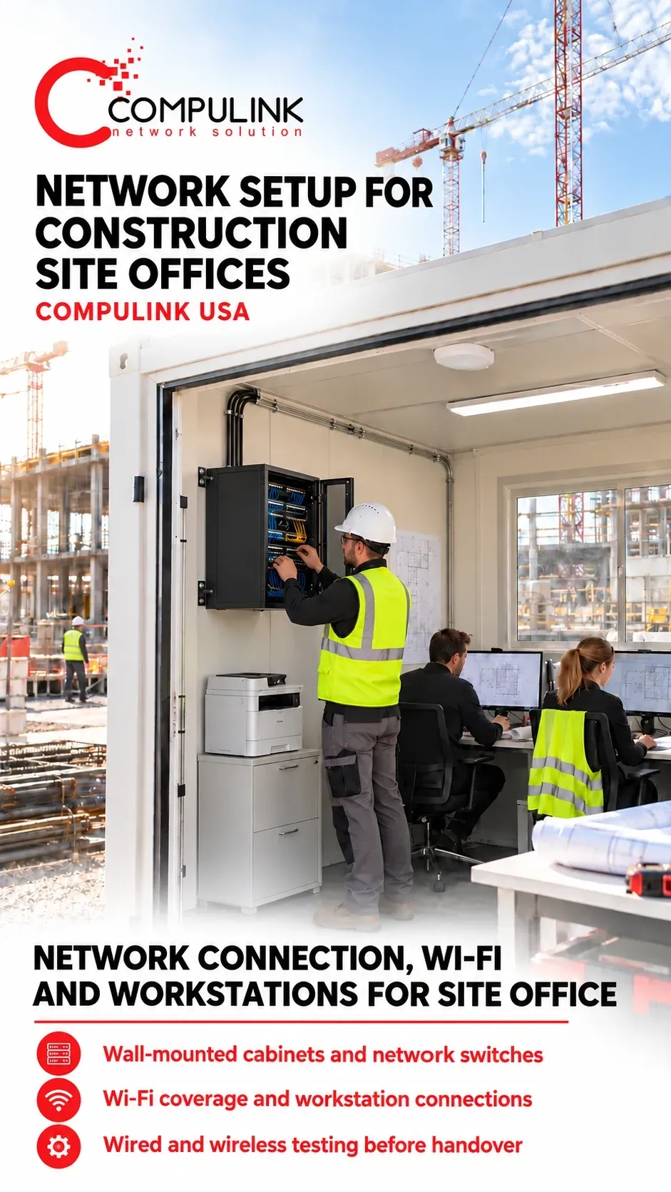 Compulink technician configures a wall-mounted network cabinet in a USA construction site office with workstations, a printer, and Wi-Fi.