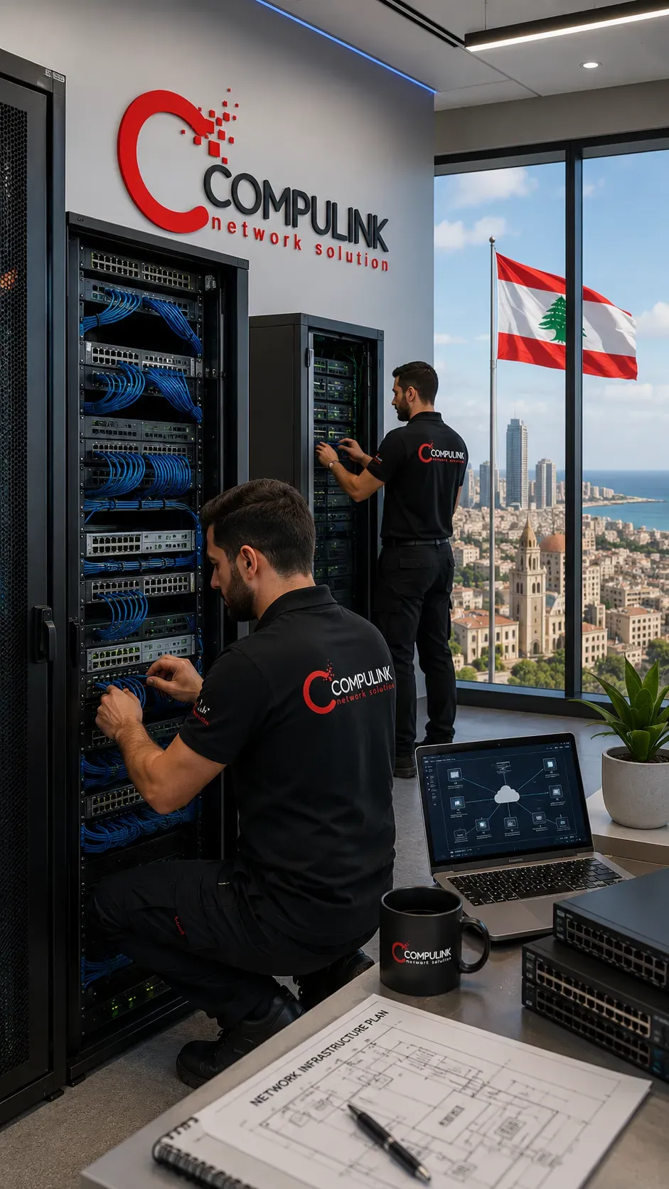 Network Infrastructure Services in Lebanon by Compulink featuring professional engineers installing enterprise network rack cabinets, structured network cabling, switches, routers, servers, enterprise WiFi, and secure IT network infrastructure in a modern Beirut office.