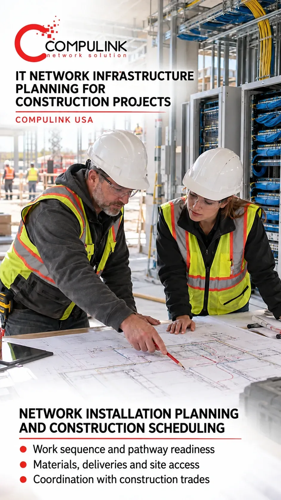 Network specialists review construction drawings and cable routes beside a network cabinet, illustrating Compulink’s network installation planning for USA construction projects.