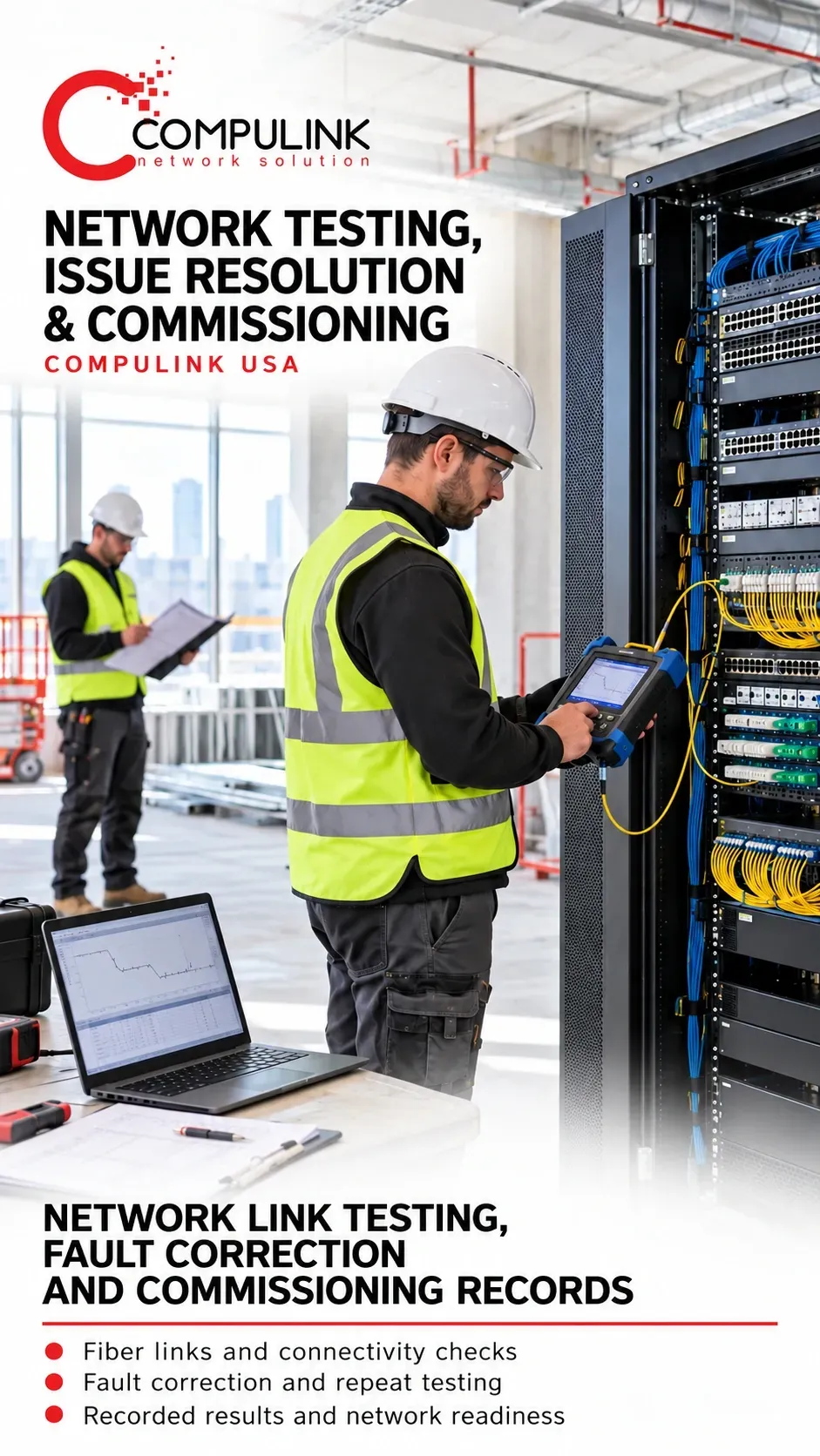 Network technician tests a fiber link at a construction site cabinet while a colleague reviews commissioning records, illustrating Compulink’s network testing services for USA projects.