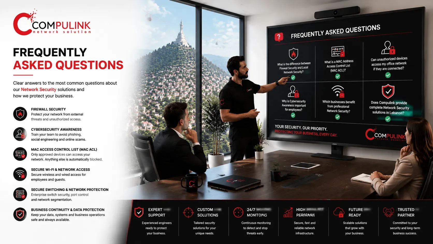 Professional Frequently Asked Questions about Network Security by Compulink in Lebanon, featuring a senior network engineer presenting Firewall Security, Cybersecurity Awareness, Local Network Security, MAC Address Access Control Lists (MAC ACL), secure WiFi, and enterprise IT infrastructure solutions to business clients inside a modern office overlooking Harissa Mountain.