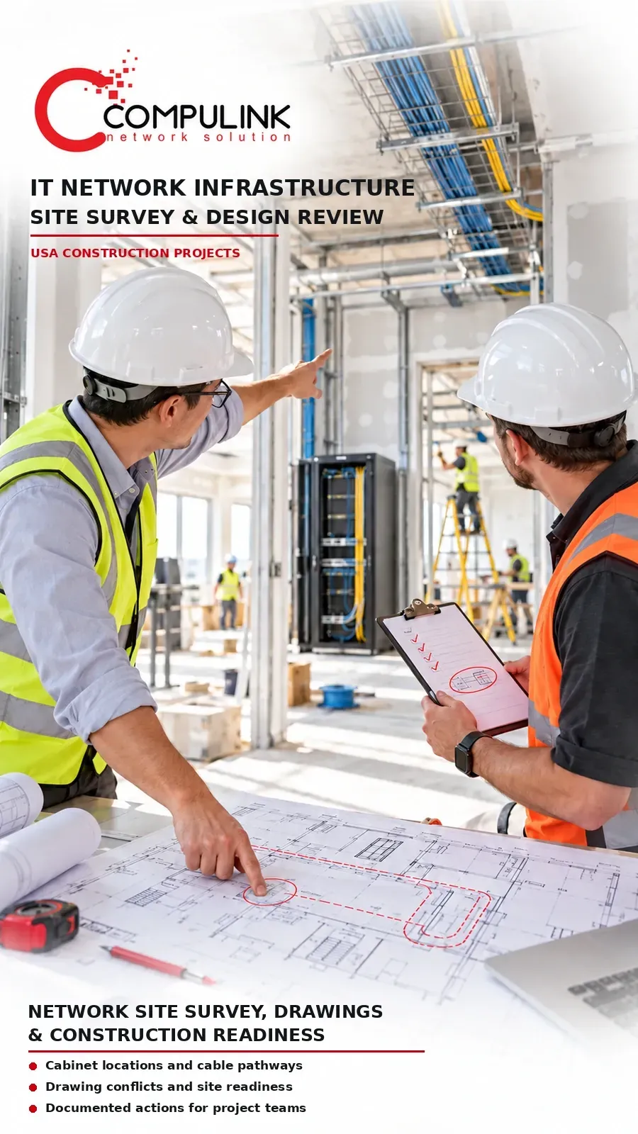 Alt text: Network specialists review construction drawings, cable pathways, and cabinet locations during an IT infrastructure site survey.