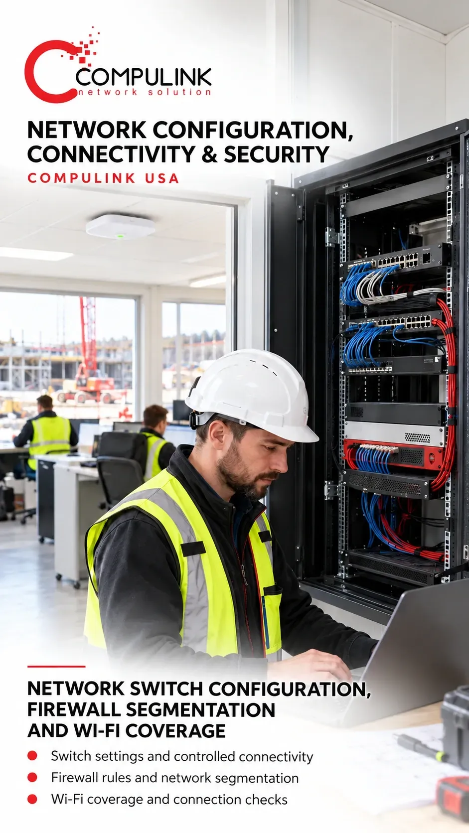 Network technician configures switches and firewall equipment beside a construction site office, with a ceiling Wi-Fi access point visible, illustrating Compulink’s network connectivity services for USA projects.
