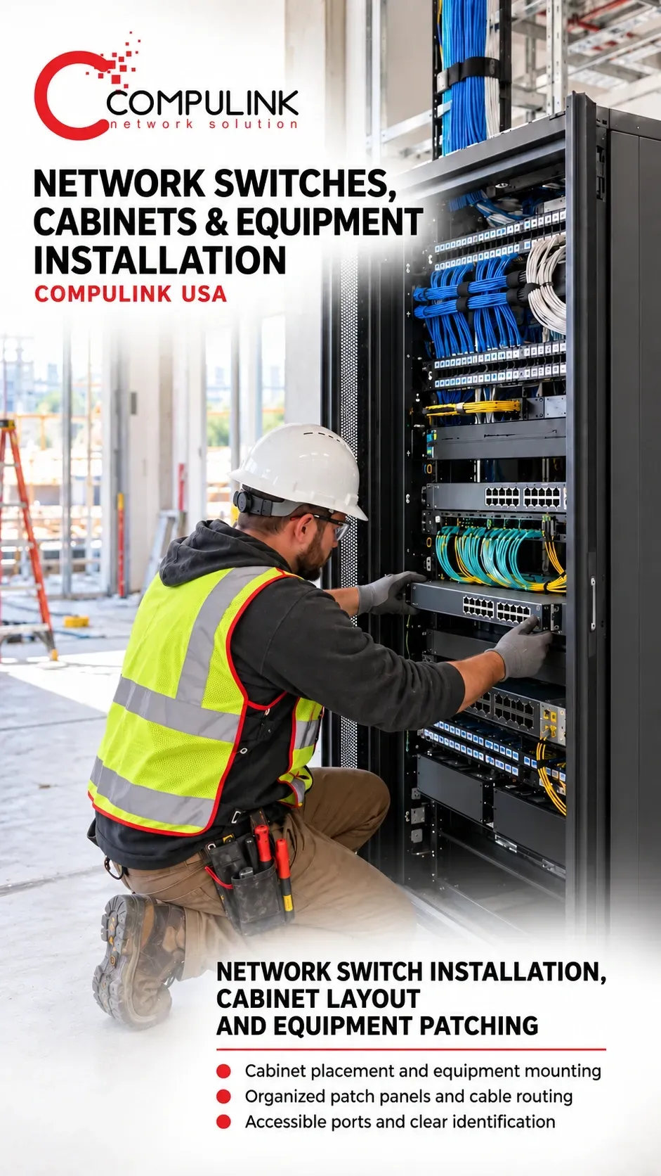 Network technicians install switches and organize patch cables inside a network cabinet at a construction site, illustrating Compulink’s network infrastructure installation services for USA projects.