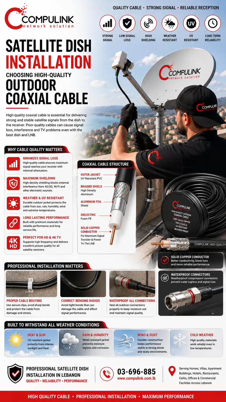 Compulink Satellite Dish Installation in Lebanon showing the importance of using high-quality outdoor coaxial cable with a solid copper conductor, UV-resistant outer jacket, high-density shielding, waterproof compression connectors, and professional cable routing to deliver stronger satellite signal quality, reliable TV reception, and long-term performance for homes, villas, apartment buildings, hotels, restaurants, cafés, offices, and commercial facilities throughout Lebanon.