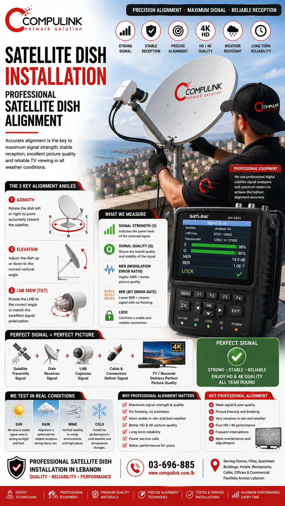 Compulink Professional Satellite Dish Alignment in Lebanon showing a technician accurately aligning a satellite dish using a digital satellite signal analyzer and spectrum meter to optimize Azimuth, Elevation, and LNB Skew while measuring Signal Strength, Signal Quality, MER, BER, and signal lock for reliable HD and 4K TV reception in homes, villas, apartment buildings, hotels, restaurants, cafés, offices, and commercial facilities throughout Lebanon.