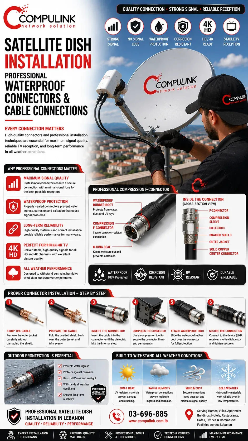 Compulink Satellite Dish Installation in Lebanon showing professional waterproof compression F-connectors, weatherproof cable connections, waterproof rubber boots, corrosion-resistant outdoor connectors, correct cable preparation, and professional installation techniques that deliver stronger satellite signal quality, reliable HD and 4K TV reception, and long-term performance for homes, villas, apartment buildings, hotels, restaurants, cafés, offices, and commercial facilities throughout Lebanon.