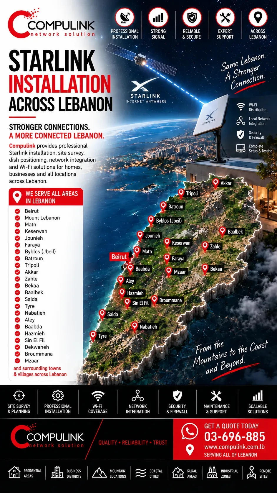 Compulink Starlink installation across Lebanon with location targeting for Beirut, Matn, Mount Lebanon, Keserwan, Jounieh, Faraya, Bekaa, North and South Lebanon