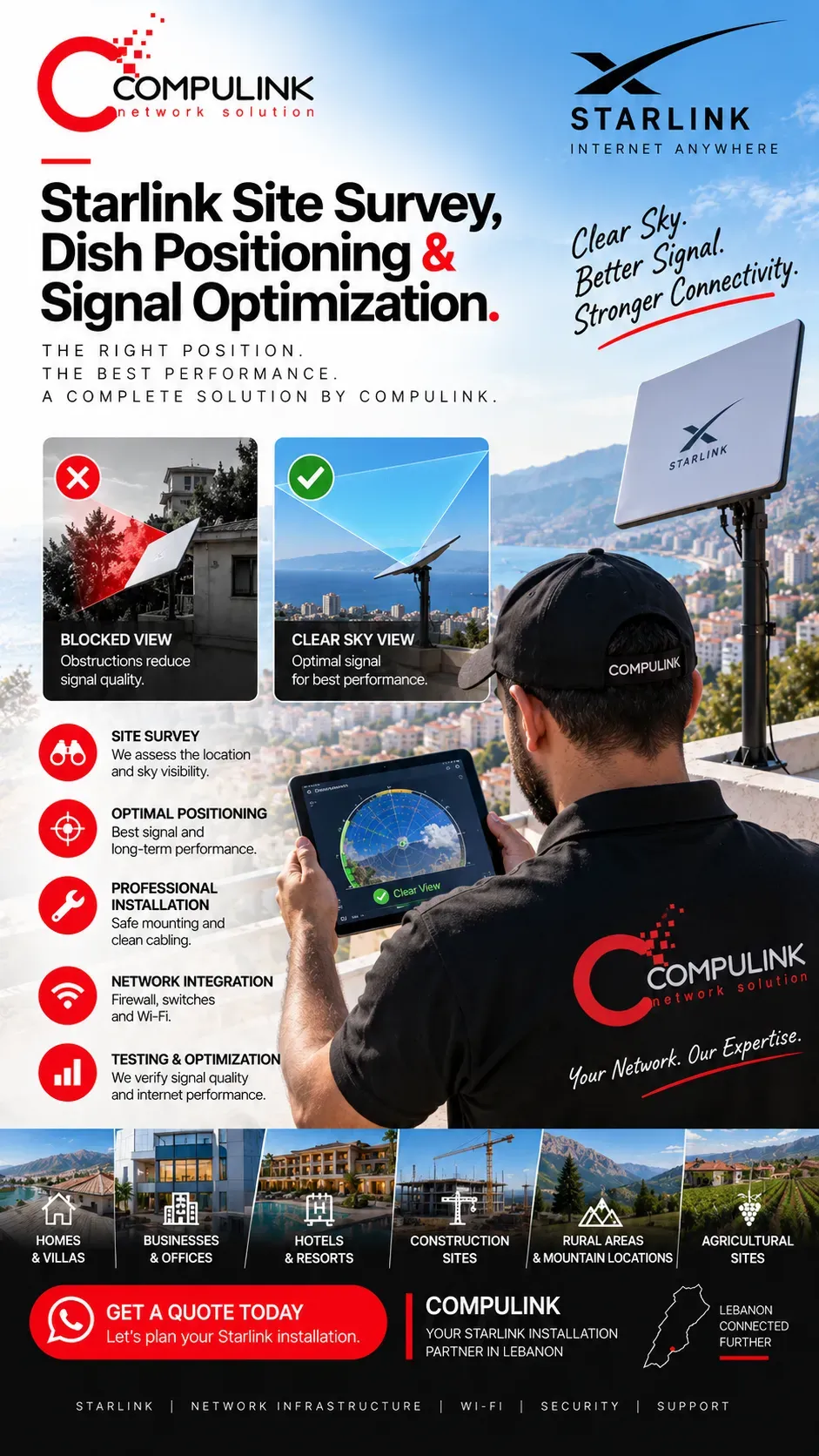 Compulink Starlink site survey in Lebanon with professional dish positioning, clear sky assessment, signal optimization and network integration