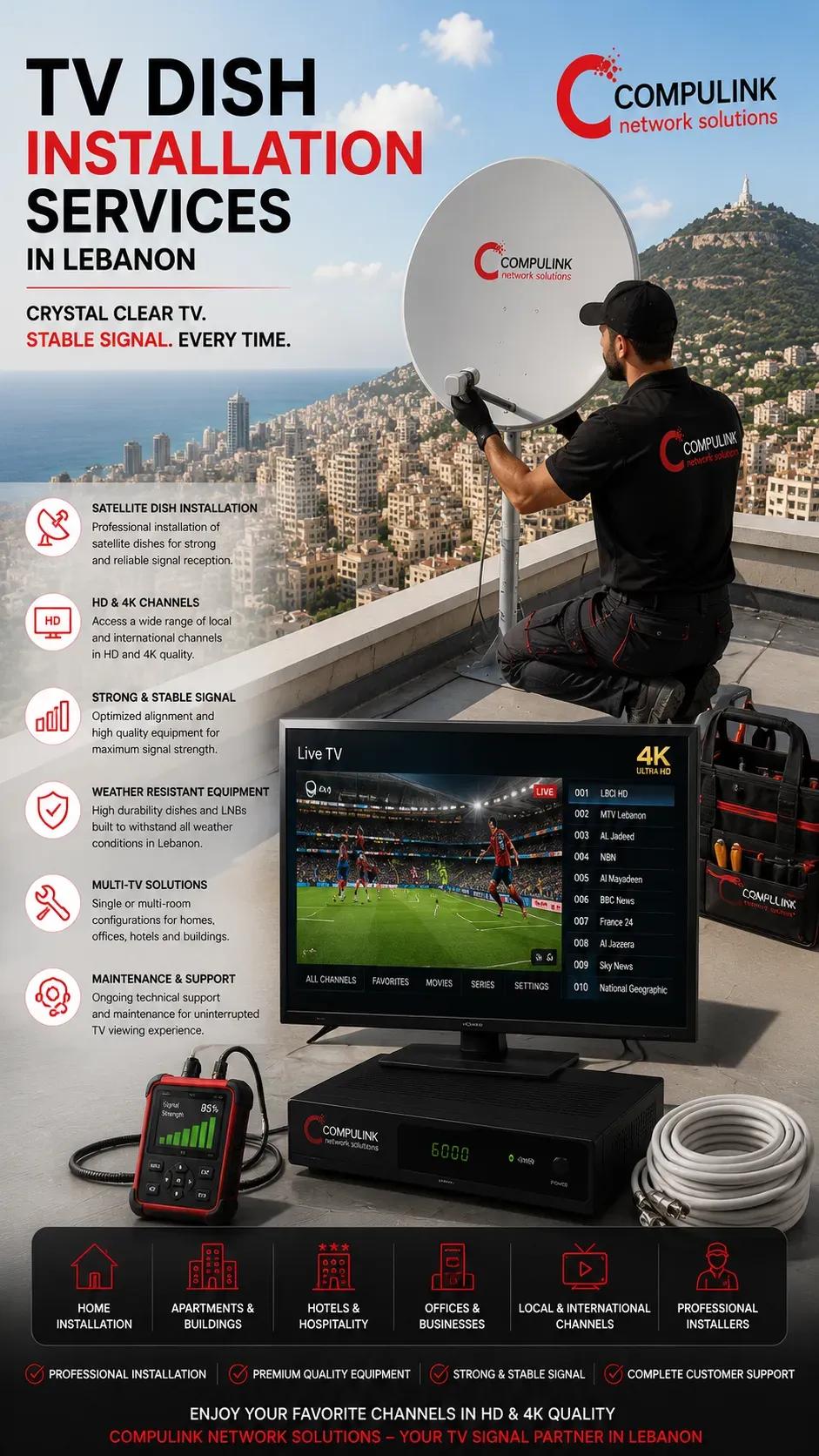 Professional TV Dish Installation Services in Lebanon by Compulink Network Solutions, featuring satellite dish installation, satellite TV systems, HD and 4K television channels, signal alignment, LNB installation, satellite receiver setup, multi-room TV distribution, residential and commercial dish installation, and reliable TV signal solutions for homes, hotels, offices, and businesses across Lebanon.