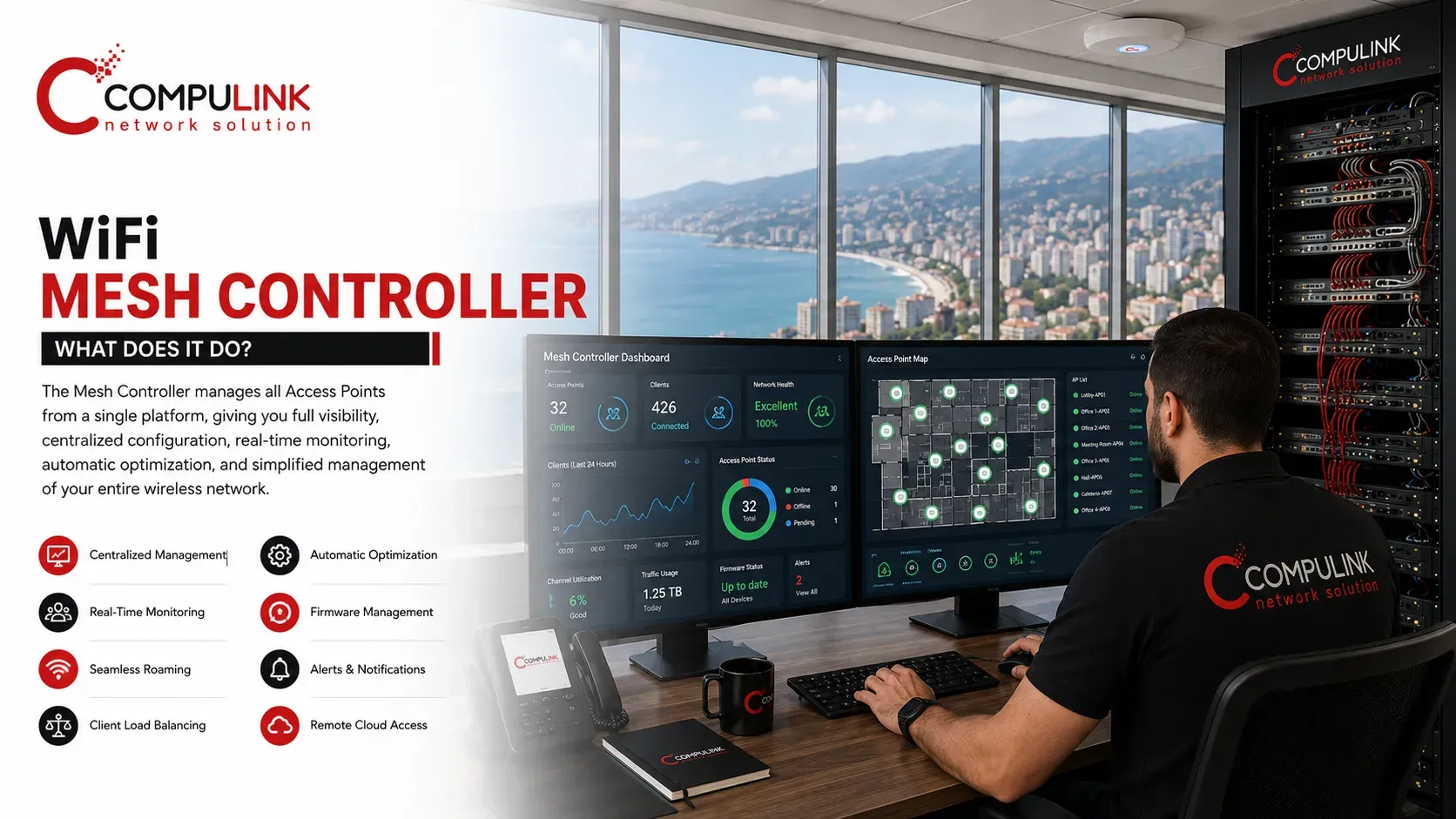 WiFi Mesh Controller centralized management dashboard controlling enterprise Mesh WiFi Access Points with real-time monitoring, seamless roaming, client load balancing, automatic channel optimization, firmware management, remote cloud access, and centralized wireless network administration for businesses in Lebanon and worldwide by Compulink Network Solution.