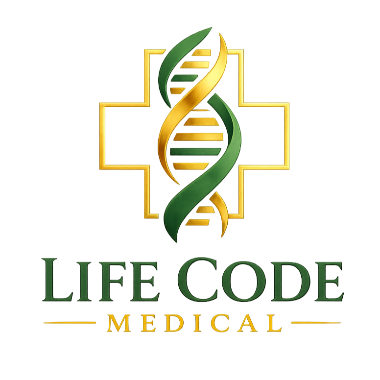 Life Code Medical logo with green DNA helix inside a gold medical cross