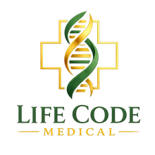 Life Code Medical logo with green and gold cross and DNA helix emblem
