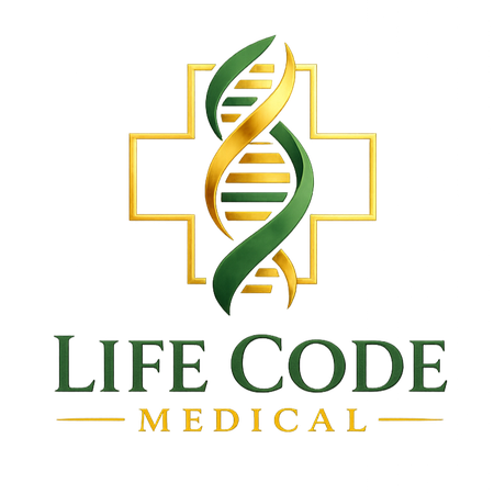 Life Code Medical logo with green-gold DNA helix inside a medical cross