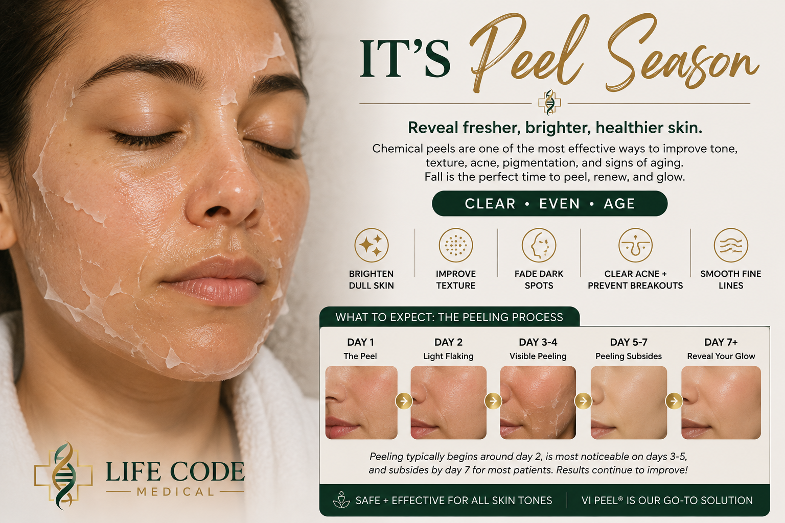 Skincare promo for peel season, showing a woman applying product and before-and-after face results.