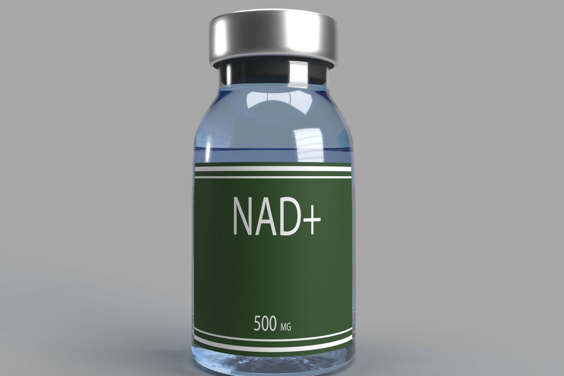 Small blue glass vial with silver cap labeled “NAD+” on a gray background