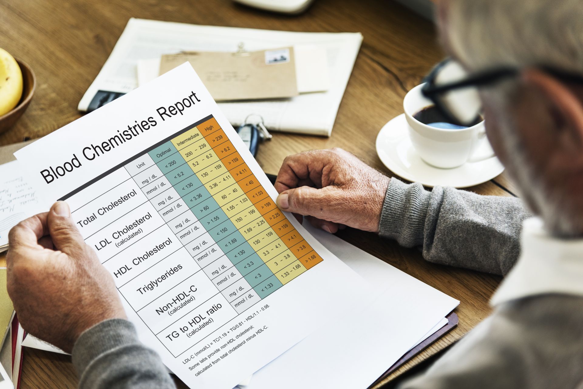 Hands reviewing a colorful business checklist on a desk with coffee cup and laptop nearby