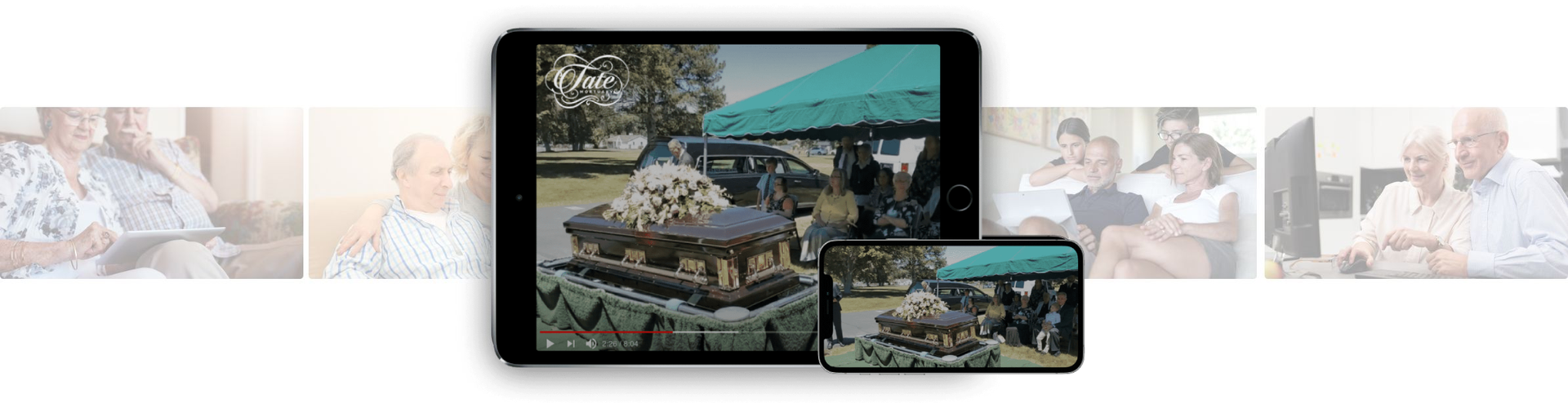 Tablet and phone displaying a marketplace with teal umbrellas and people at outdoor tables