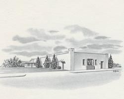 Pencil sketch of a modern house with trees and cloudy sky in a snowy landscape