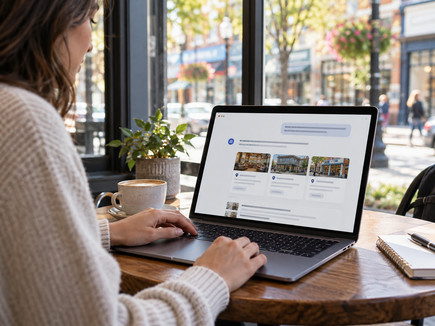 Person using a laptop at a cafe table by a window with a notebook and potted plant nearby