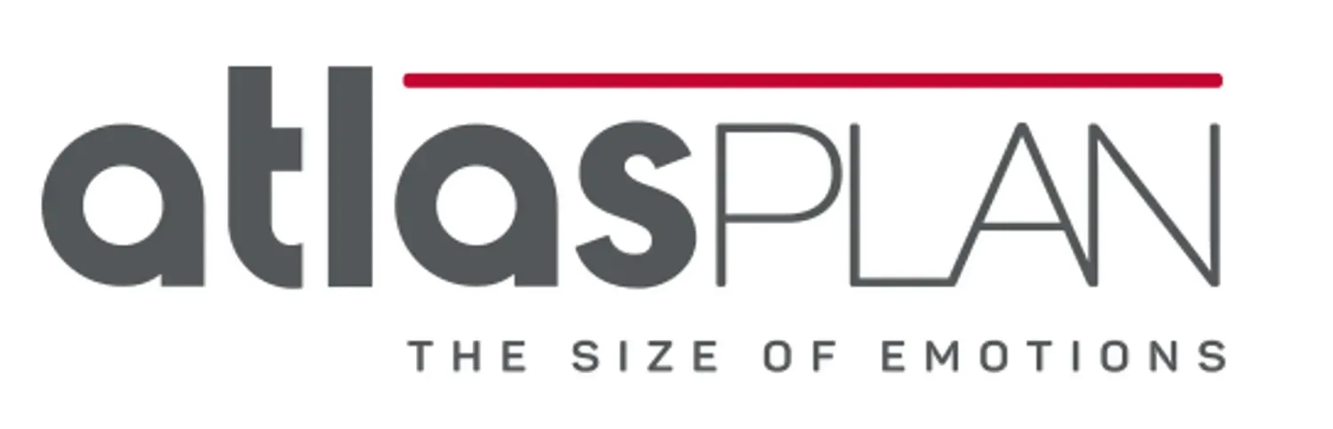 AtlasPlan logo with gray and red text and the tagline “The size of emotions”