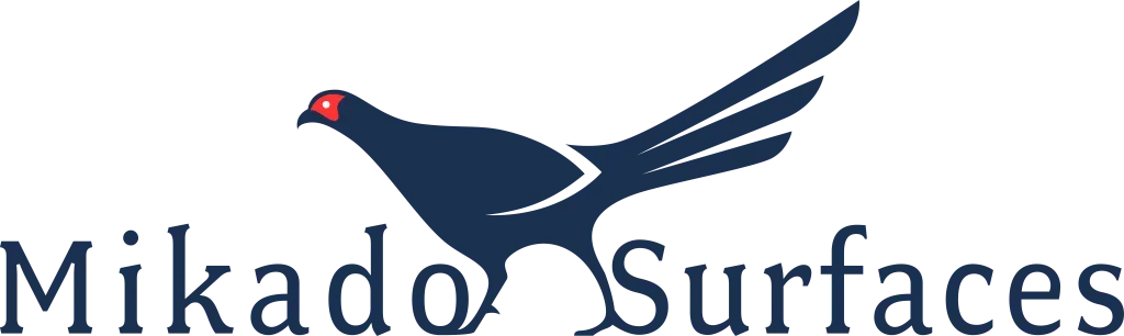Mikado Surfaces logo with a navy bird icon and text on a white background