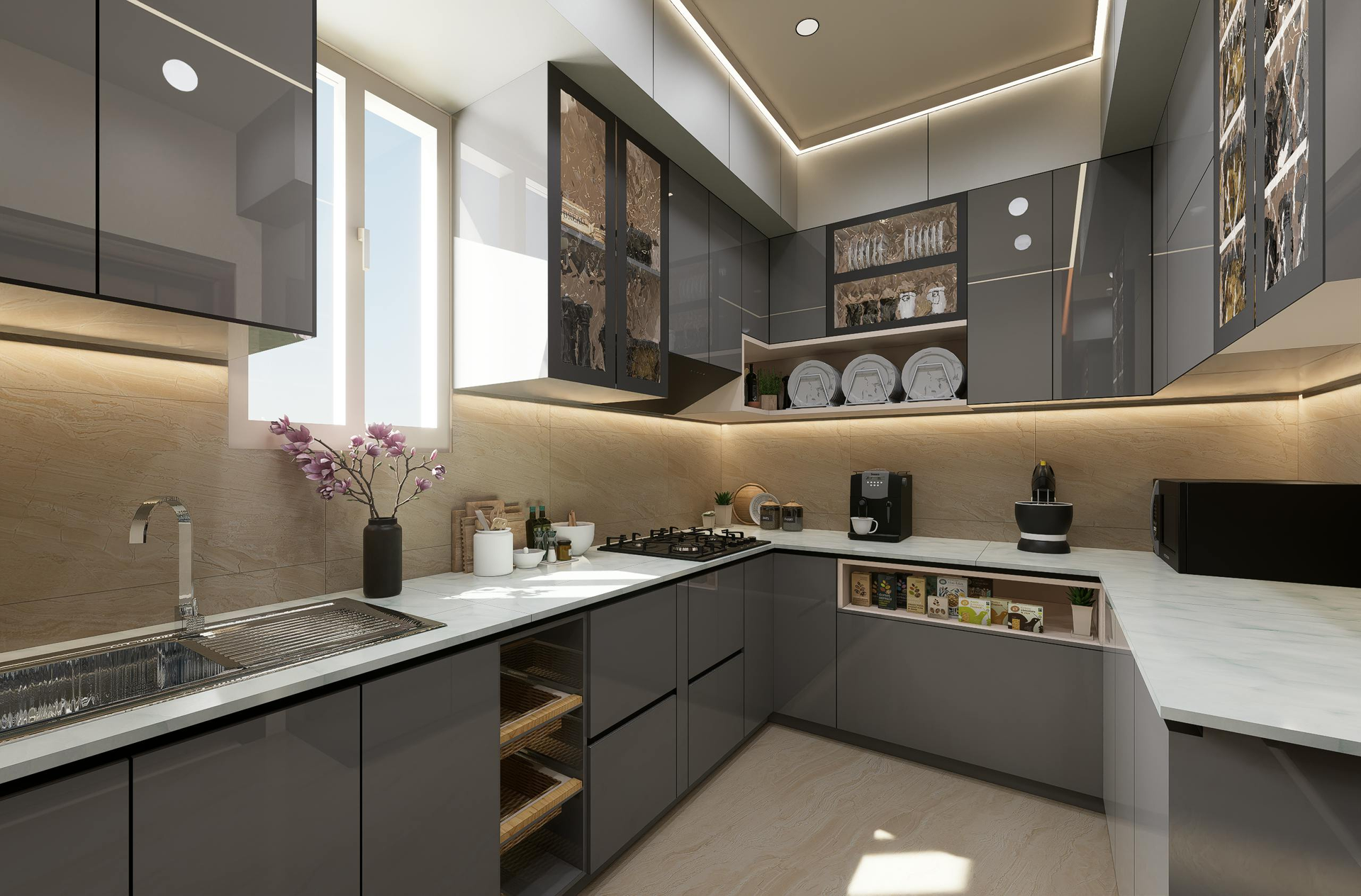 Modern gray L-shaped kitchen with under-cabinet lighting, dark cabinets, and white countertops