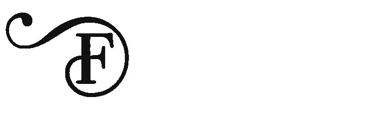 Black decorative letter F with a curving flourish above it on a white background