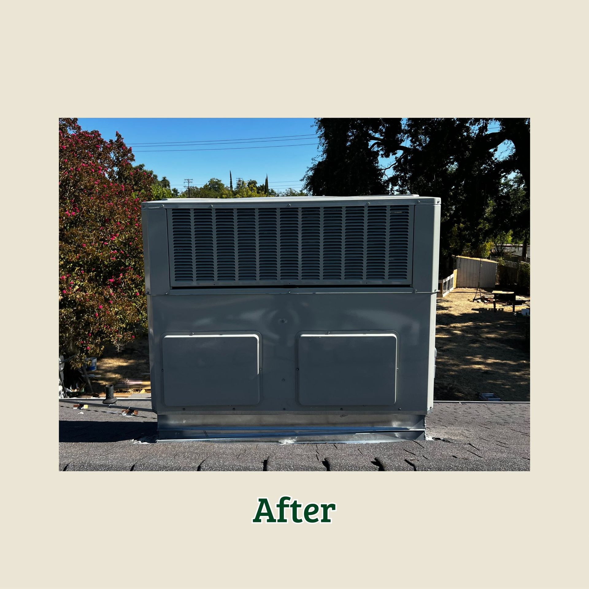 Gray outdoor HVAC unit with large vented top panel, shown in front of trees and sky.
