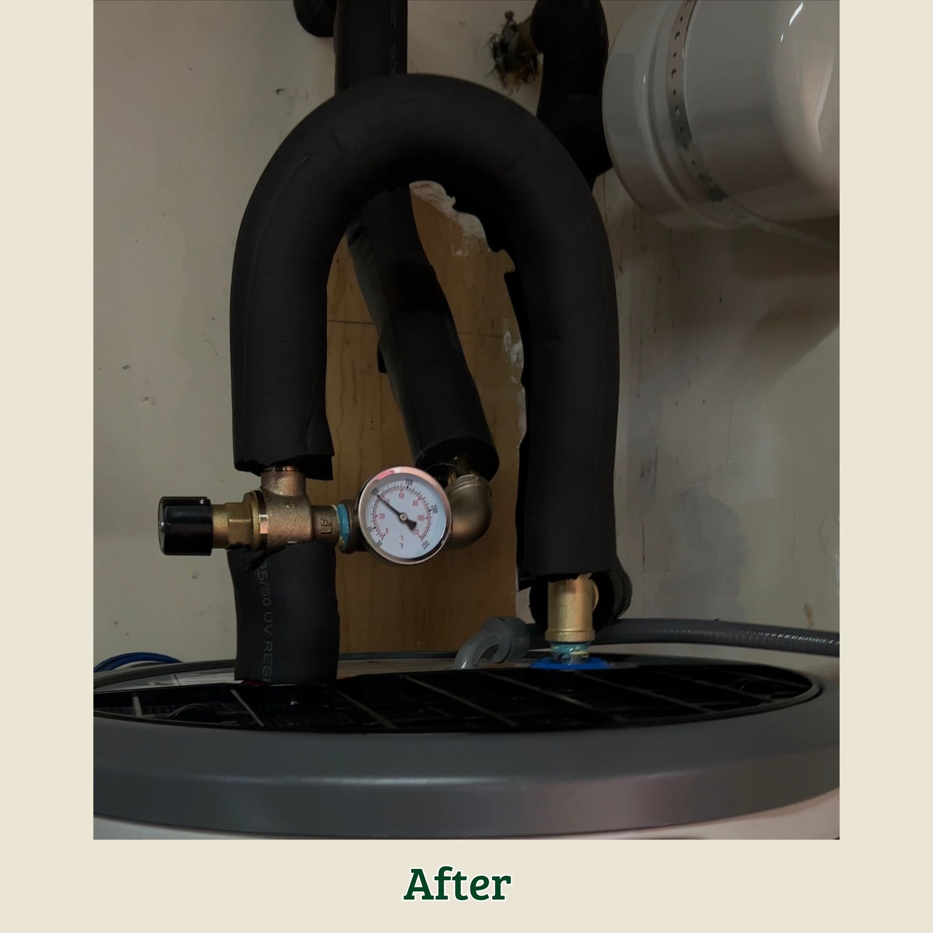 Black insulated U-shaped pipe with gauge on HVAC unit, labeled “After”