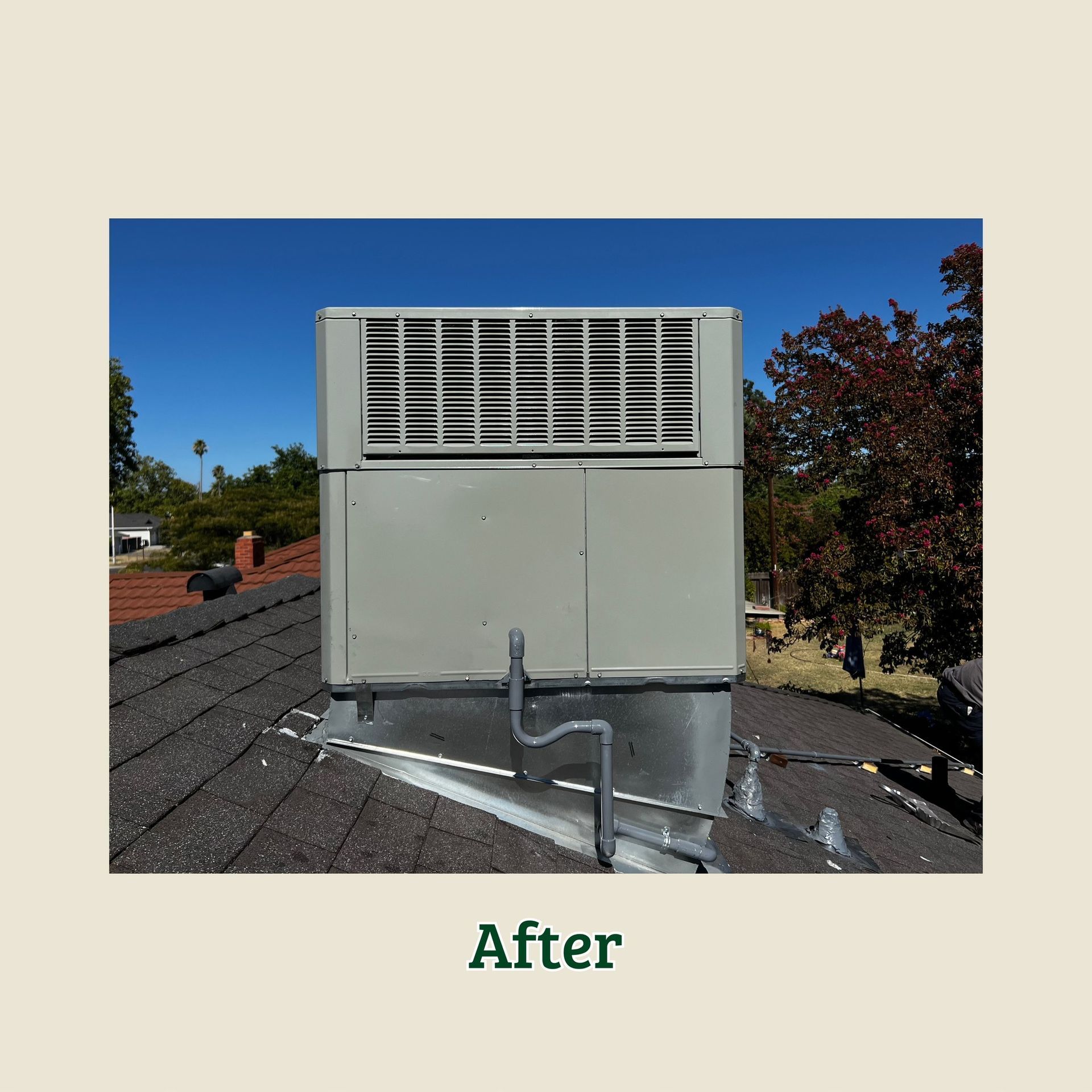 Rooftop HVAC unit with ductwork and vent grille on a shingled roof, labeled “After”