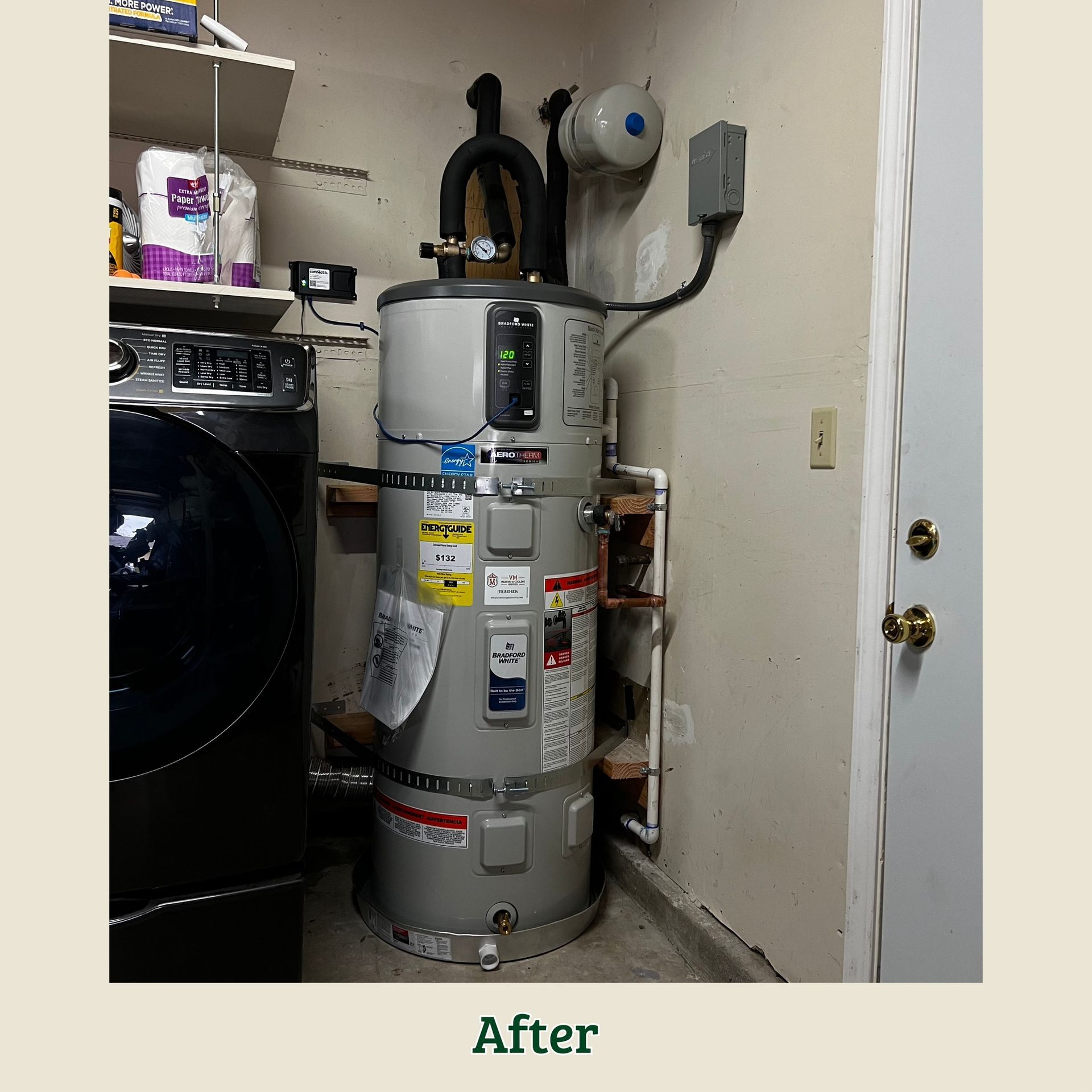 Laundry room with a silver water heater beside a black washer and wall shelves, labeled “After”
