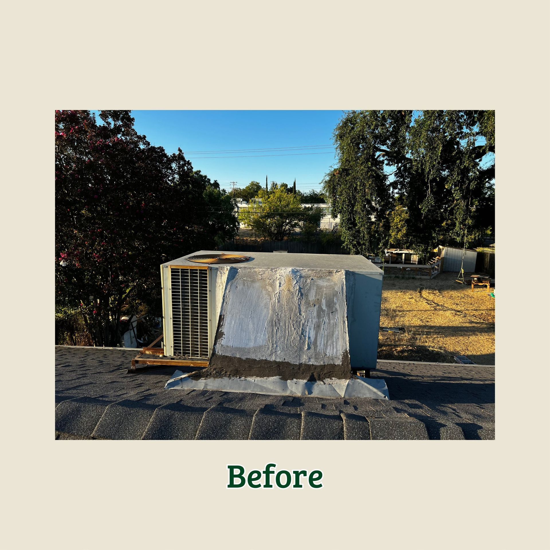 Outdoor yard with a damaged white structure or appliance beside trees in sunlight, labeled “Before”