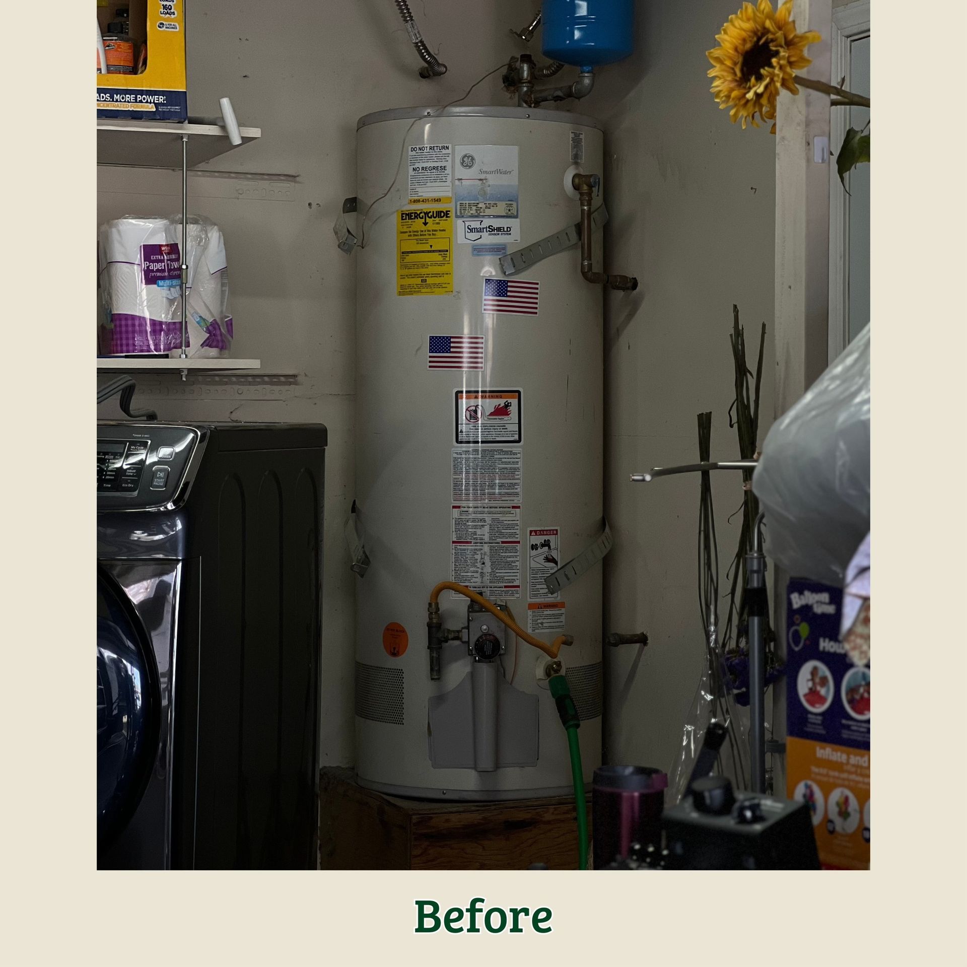 Utility closet with a tall water heater, shelves, and cleaning supplies; “Before” label at bottom.