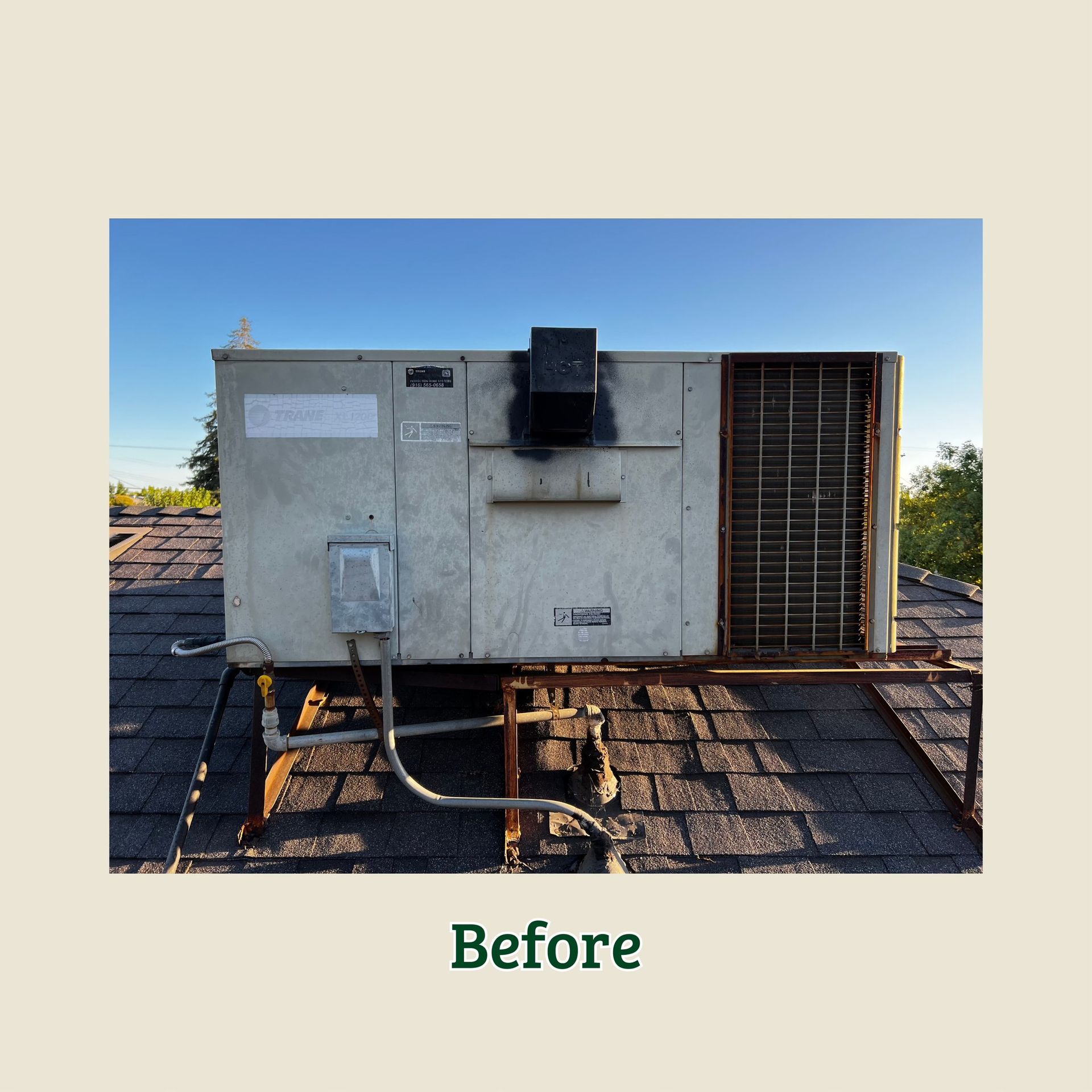 Rooftop HVAC unit with vents and electrical box, shown in a “Before” photo.