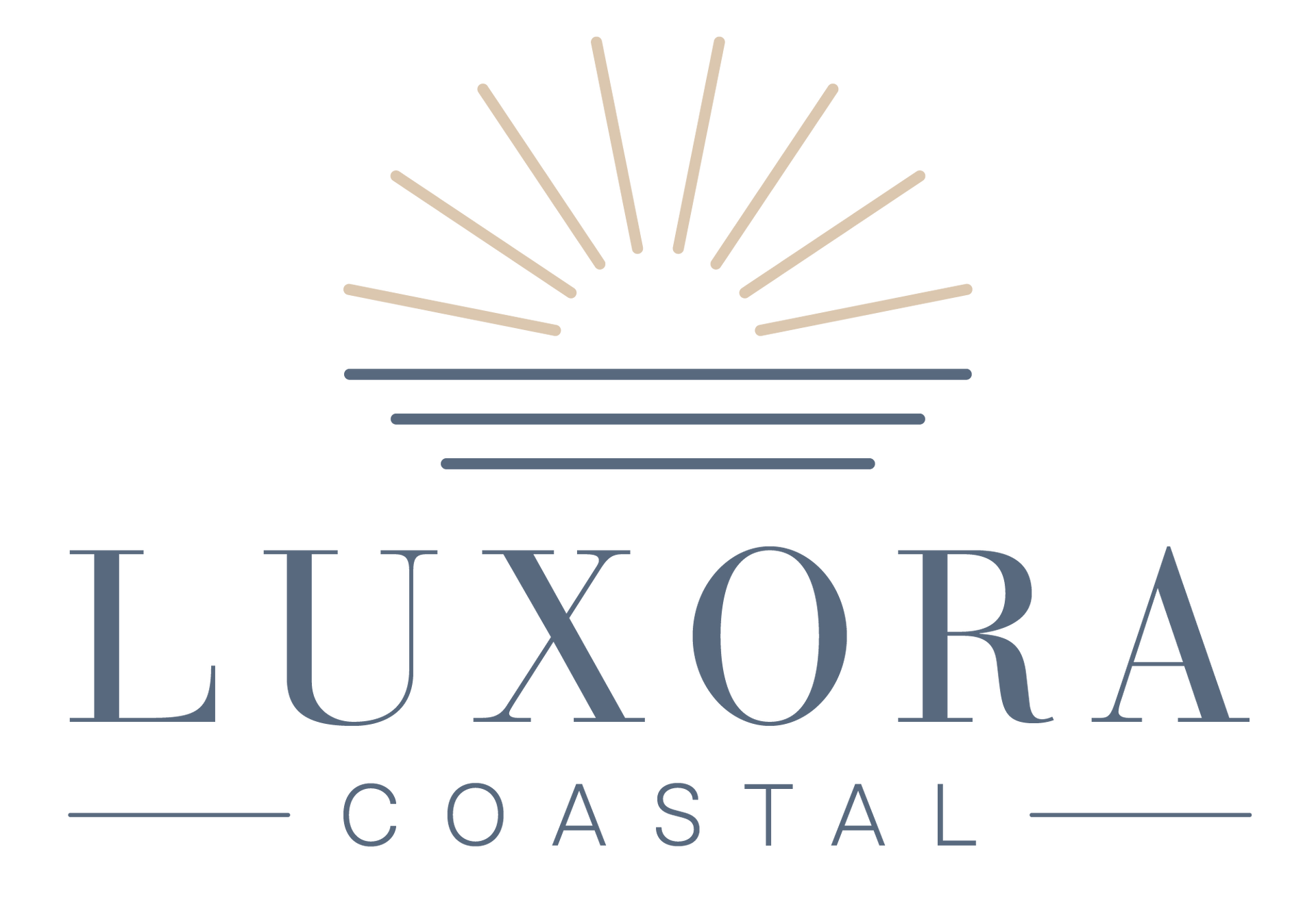 Luxora Coastal logo with gold sunburst and blue-gray text on white background