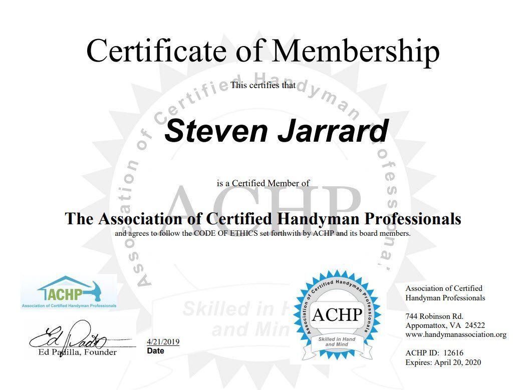 Certificate of membership for Steven Jarrard from The Association of Certified Handyman Professionals.
