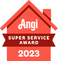 Angi Super Service Award 2023 badge in red and white. A house shape with text "Angi" and "Super Service Award".