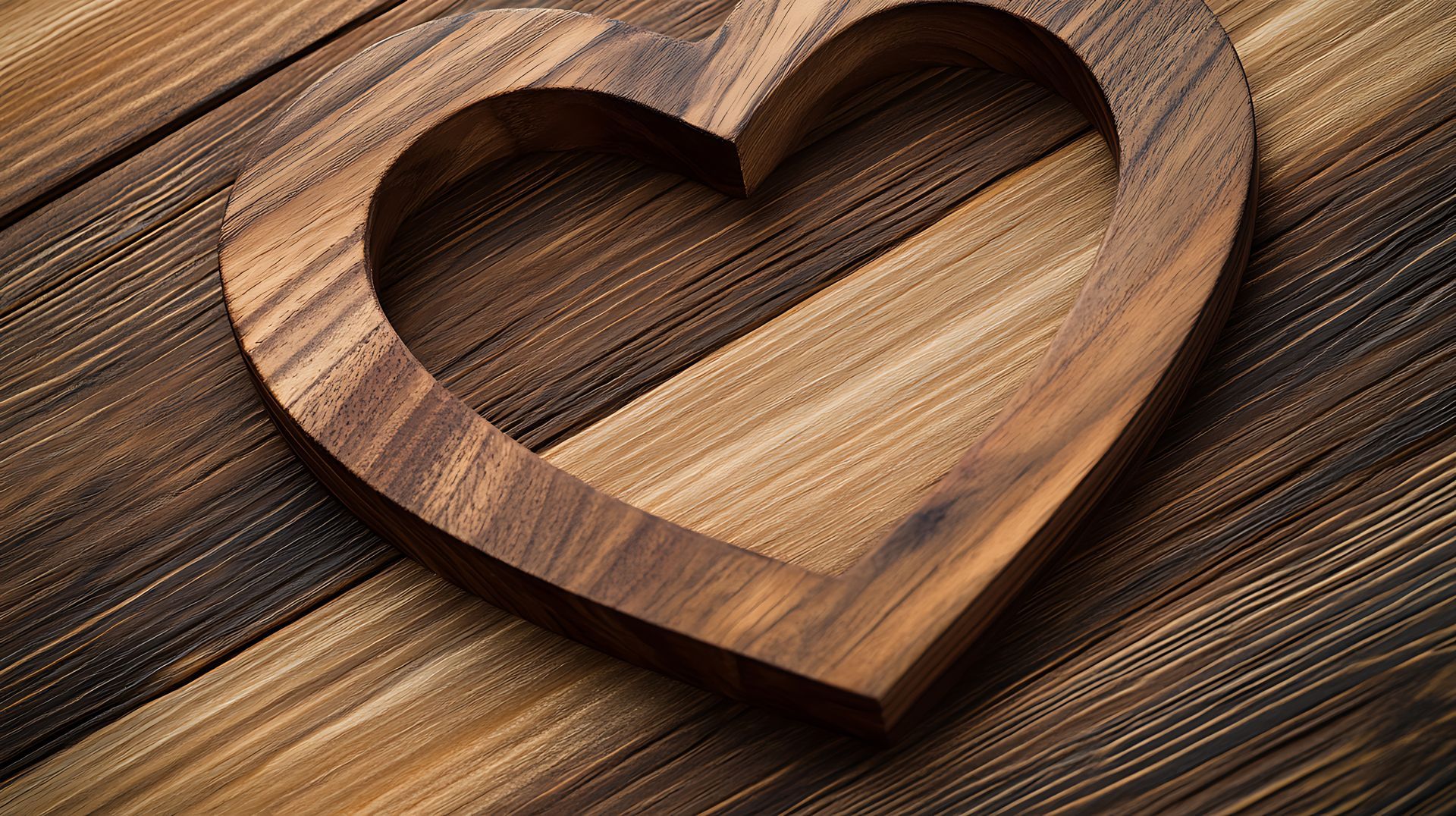 Wooden heart frame on a diagonally striped wooden surface.