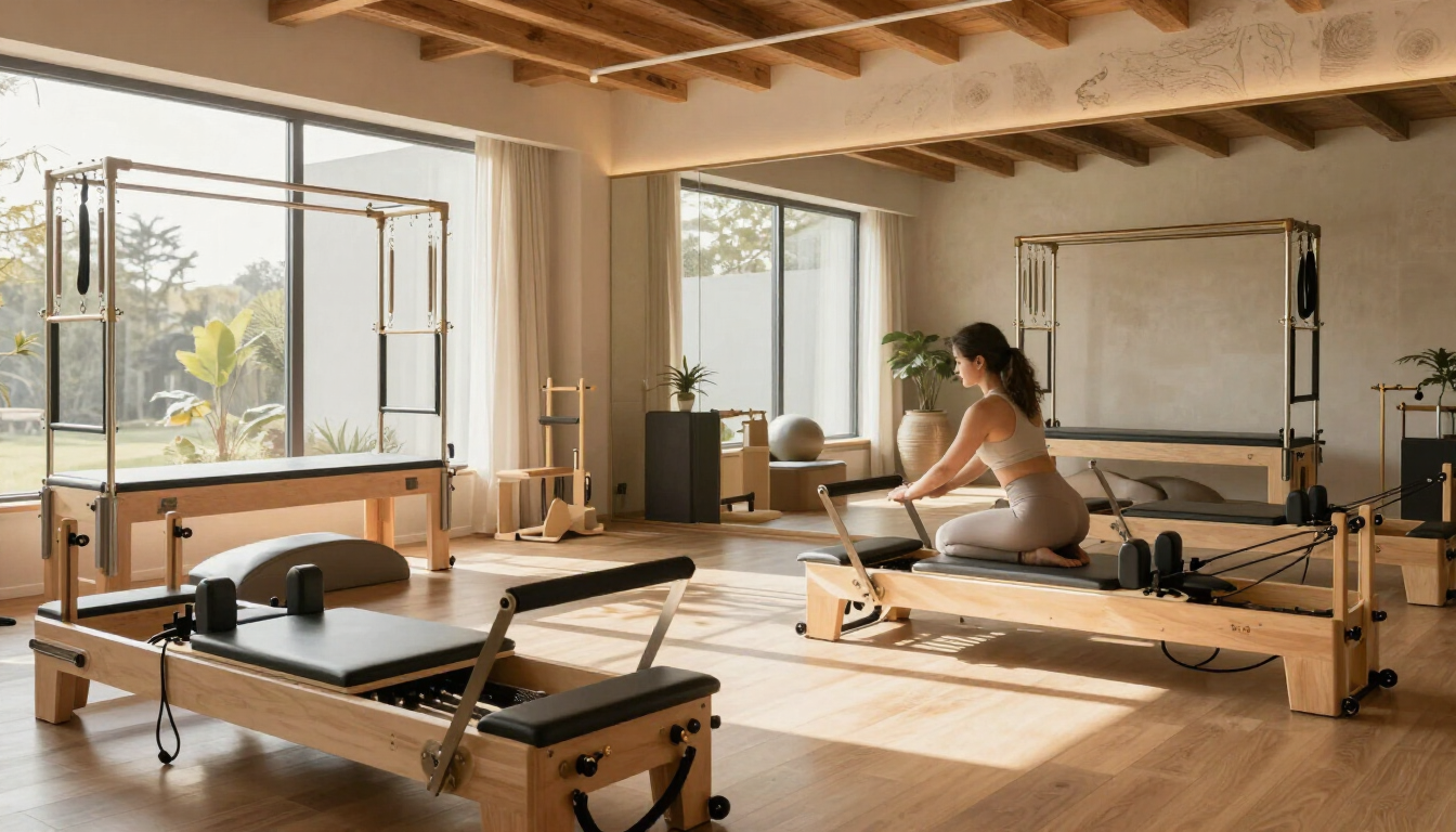 Instructor guiding client through a reformer session
