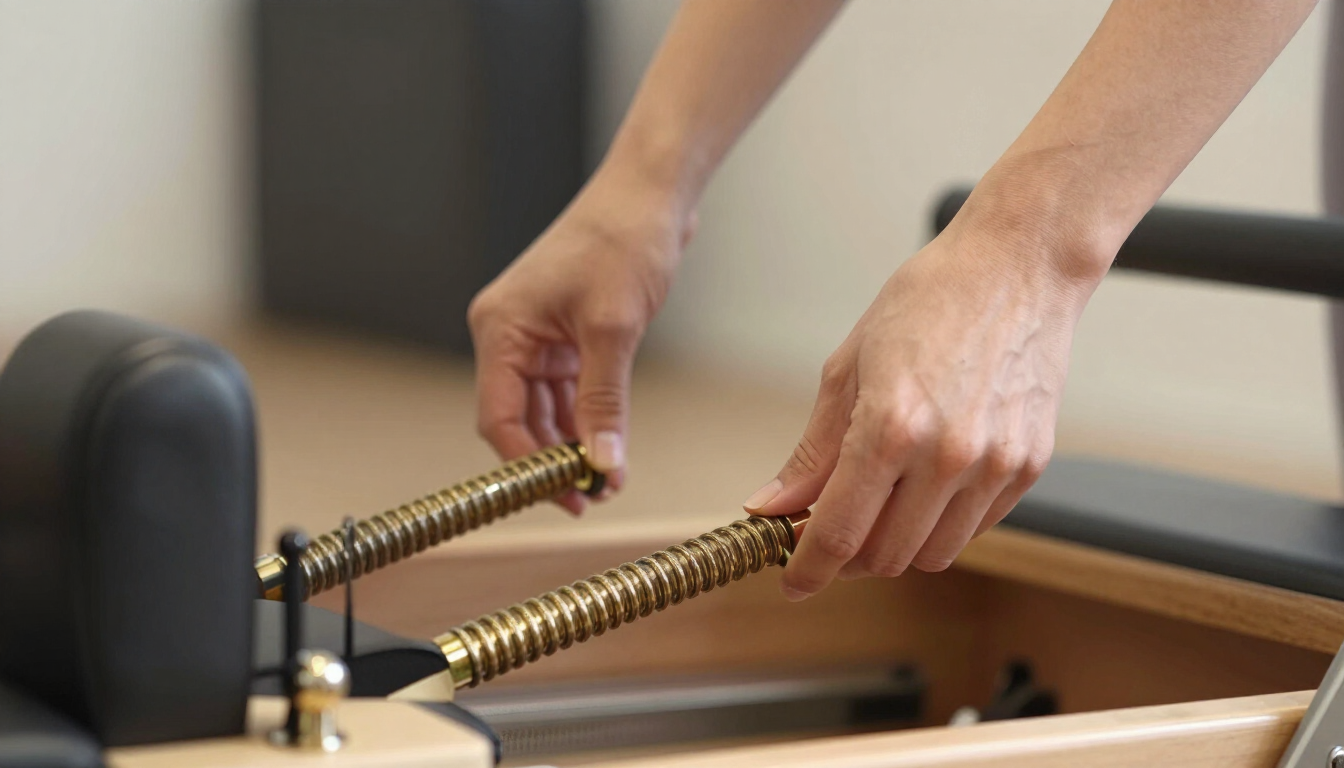Hands adjusting classical Pilates apparatus