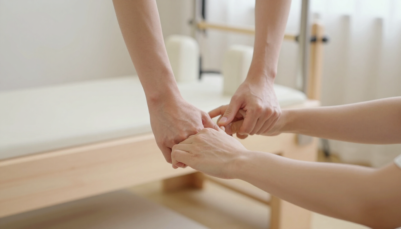 Instructor's hands making a precise adjustment