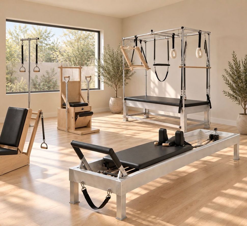 Instructor guiding a client beside classical Pilates apparatus